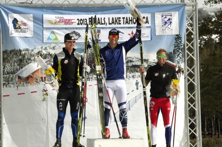 The men's 15 k podium: 1. Kris Freeman, 2. Erik Bjornsen, 3. Andy Newell. Photo: Mark Nadell/MacBeth Graphics.