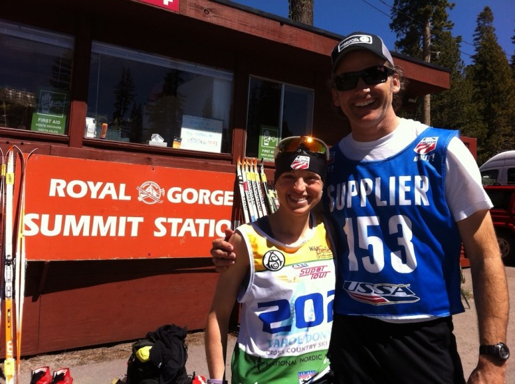 Randy Gibbs with Liz Stephen, whose skis he waxed at 2013 Spring Series. Courtesy photo.