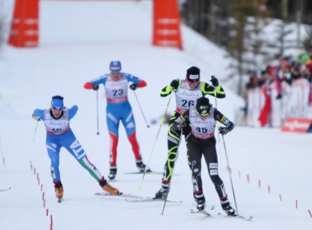 Sargent finishing the World Cup skiathlon in Canmore.