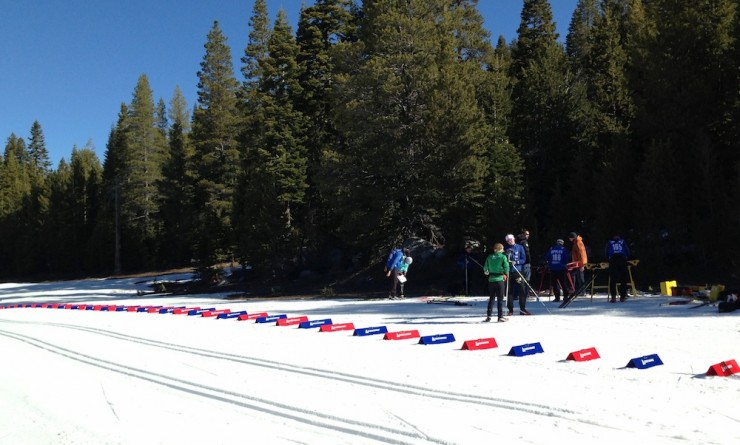 The ski exchange pit awaits skis prior to the start of the 30 k.