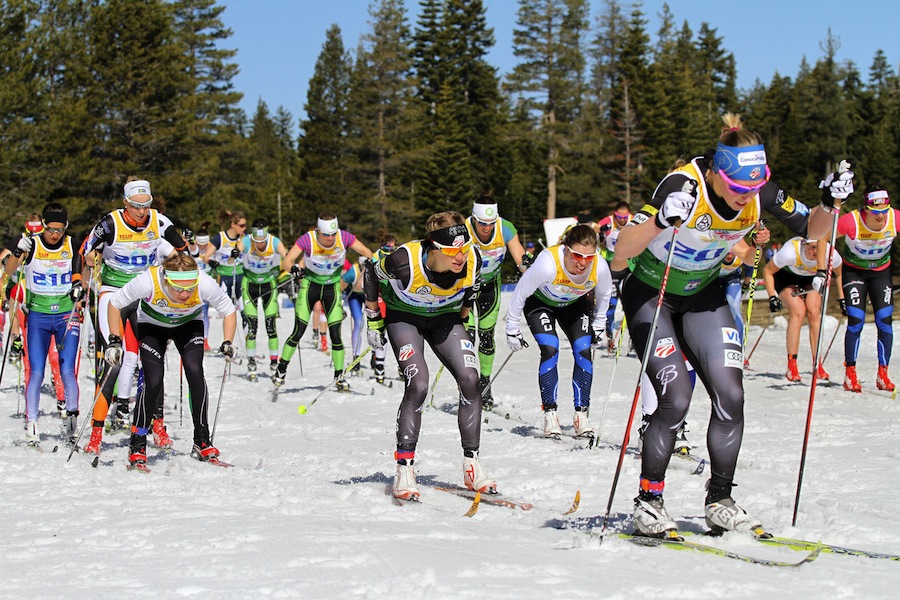 U.S. Ski Team veterans Kikkan Randall (APU) and Liz Stephen (BMA) take control from the gun in Wednesday's 30 k classic mass start at U.S. Distance Nationals at Royal Gorge in Norden, Calif. Stephen went on to win by more than a minute. (Photo: Mark Nadell/MacBeth Graphics)