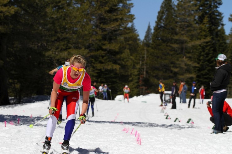 An exhausted Jessie Diggins (SMST2/USST) after outsprinting four others for fourth place in Wednesday's 30 k classic mass start at U.S. Distance Nationals at Royal Gorge. (Photo: Mark Nadell/MacBeth Graphics)