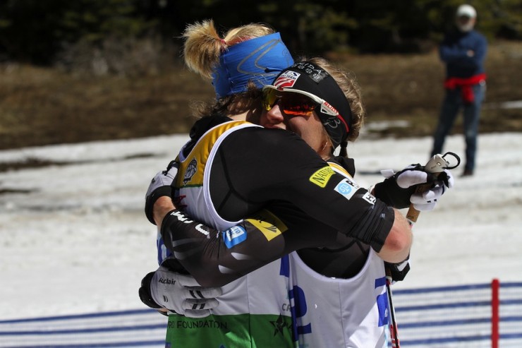 Kikkan Randall (l) congratulates USST teammate Liz Stephen on her victory at U.S. Distance Nationals on Wednesday at Royal Gorge. Stephen won the 30 k classic mass start by more than a minute over Randall. (Photo: Mark Nadell/MacBeth Graphics)