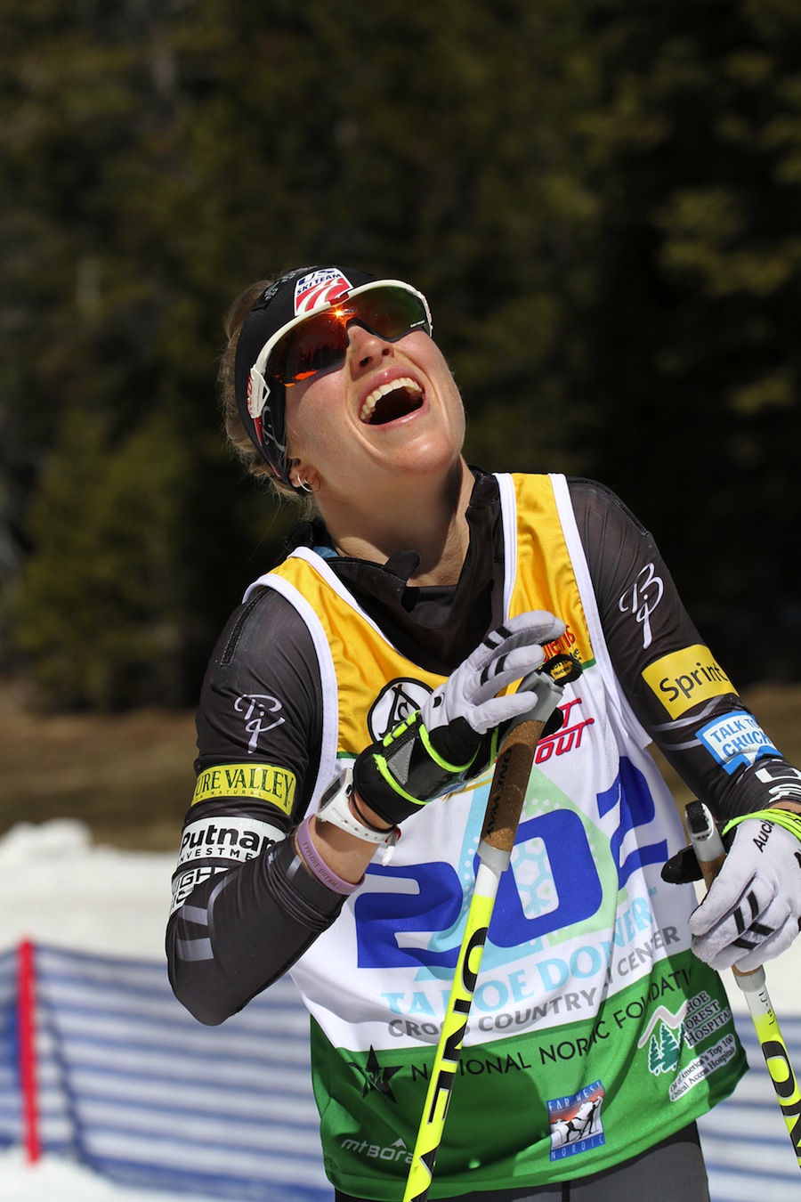 Liz Stephen celebrates her second major win of the week at Spring Series in California, winning Wednesday's 30 k classic mass start at U.S. Distance Nationals at Royal Gorge. Two days early, she claimed the SuperTour Finals title. (Photo: Mark Nadell/MacBeth Graphics)
