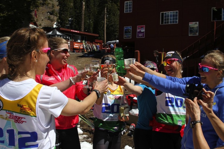 Clinking glasses (and plastic water bottles) to celebrate the end of the season at U.S. Distance Nationals on Wednesday at Royal Gorge Ski Resort in California. (Photo: Mark Nadell/MacBeth Graphics)