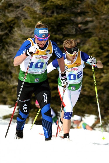 U.S. Ski Team veterans Kikkan Randall (Alaska Pacific University) leads Liz Stephen (Burke Mountain Academy) in Friday's 10 k classic mass start at 2013 SuperTour Finals at Auburn Ski Club in Soda Springs, Calif. Randall went on to win by 36.6 seconds, and Stephen was 47 seconds behind in third. (Photo: Mark Nadell/MacBeth Graphics)