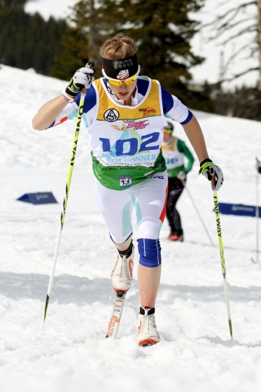 Liz Stephen (Burke Mountain Academy/U.S. Ski Team) striding to third in Friday's 10 k classic mass start at SuperTour Finals in Soda Springs, Calif. (Photo: Mark Nadell/MacBeth Graphics) 