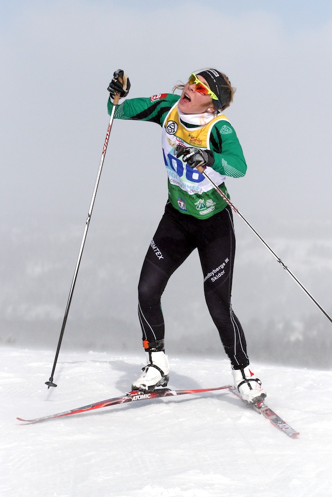 Lisa Larsen of Sweden nears the finish of Monday's agonizing 6 k hill climb at Sugar Bowl Resort at the SuperTour Finals in Truckee, Calif. Larsen placed seventh overall. (Photo: Mark Nadell/MacBeth Graphics)