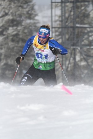 Kikkan Randall winning 2013 SuperTour Finals for APU, the club that has supported her throughout her career. Photo: Mark Nadell/MacBeth Graphics.