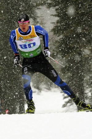 Erik Bjornsen (APU/USST) en route to a 14.5-second victory in Thursday's 3.3 k freestyle prologue, which kicked off 2013 SuperTour Finals at Auburn Ski Club near Truckee, Calif. (Photo: Mark Nadell)