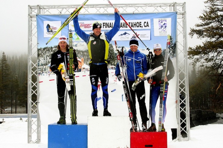 APU and US Ski Team member Erik Bjornsen (second from left) celebrates his first career SuperTour victory at 2013 SuperTour Finals after winning Thursday's 3.3 k freestyle prologue at Auburn Ski Club in Soda Springs, Calif. Canadian Knute Johnsgaard (Yukon Elite Squad) was second), and Mark Iverson (APU) and Mike Sinnott (Sun Valley) tied for third. (Photo: Mark Nadell/MacBeth Graphics)