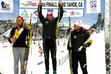 The women's podium: 1. Kikkan Randall, 2. Jessie Diggins, 3. Sadie Bjornsen. Photo: Mark Nadell/Macbeth Graphics.