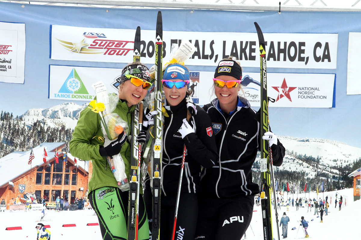 The women's classic sprint podium at 2013 SuperTour Finals. From left to right: Ida Sargent (CGRP/USST) in second, Kikkan Randall (APU/USST) in first, and Sadie Bjornsen (APU/USST) in third. (Photo: Mark Nadell/MacBeth Graphics)
