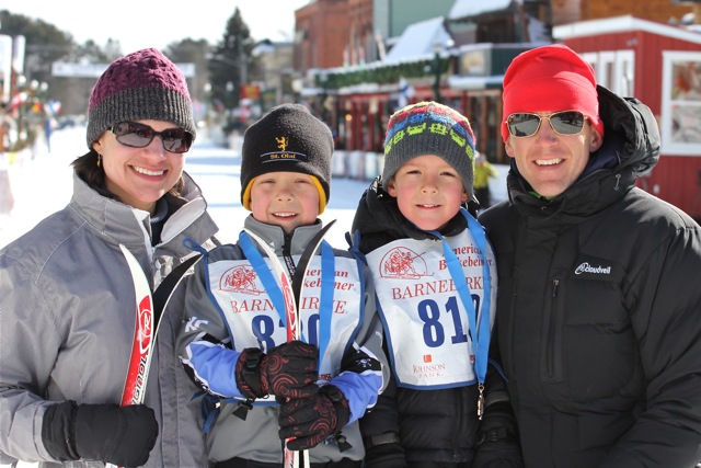Ben Popp (r) and his wife, Megan, and twins, Grant (second from l) and Luke at the Barnebirkie kids' race at the 2013 American Birkebeiner in February. (Courtesty photo)