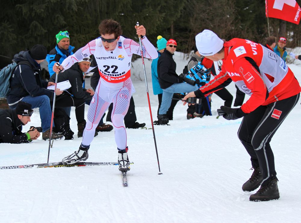 Great Britain's Andrew Musgrave and his coach during the 15 k freestyle individual start at 2013 World Championships in Val di Fiemme, Italy. Musgrave placed 28th for his best result of the championships, but considered his season mostly inconsistent.