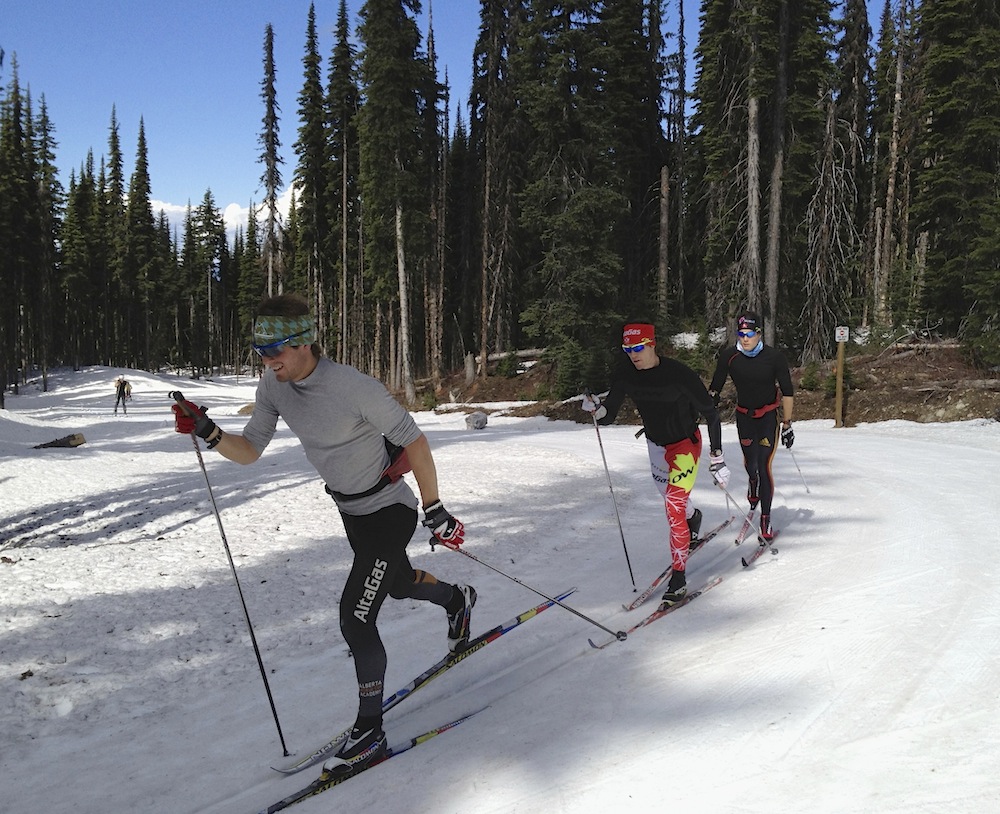 Patrick Stewart-Jones of the Alberta World Cup Academy leads the way at the high point of the Upper World Cup trail at Sovereign Lake Nordic Centre last week. 