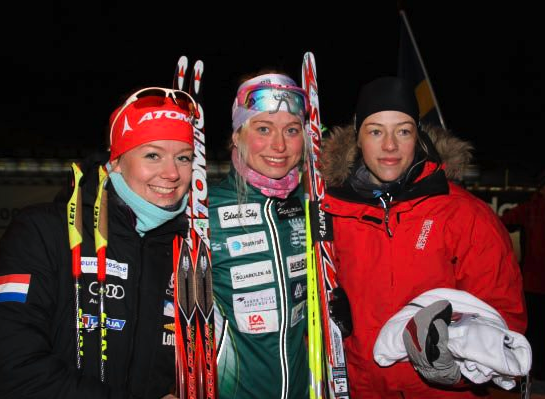 Vermonter Tara Garaghty-Moats (center) after winning the junior sprint at Swedish Biathlon Championships for the I21 Biathlon Club, based out of Solleftea. Courtesy photo.