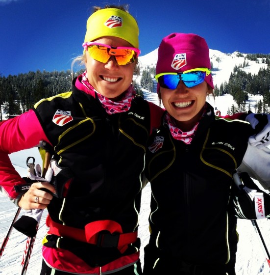 U.S. Ski Team members Sadie Bjornsen (l) and Sophie Caldwell take a break from skiing in May at their training camp in Bend, Ore. (Courtesy photo)