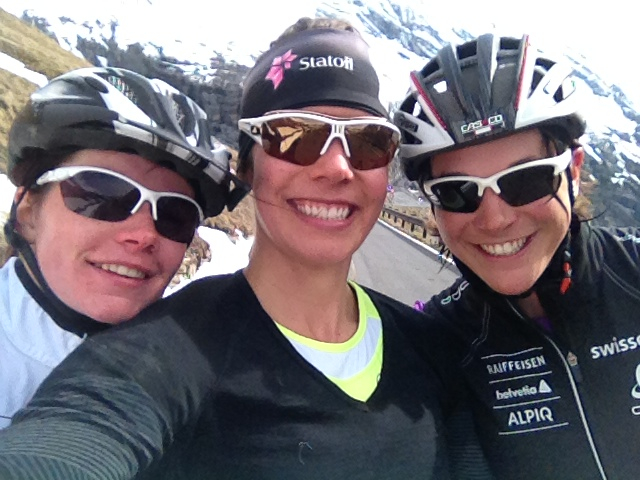 Heidi Widmer (c) with Swiss skiers Nathalie von Siebenthal (l) and Christa Jäger after rollerski intensity on Stelvio Pass in Switzerland. (Courtesy photo)
