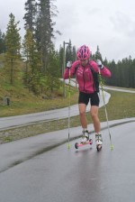 Perianne Jones tests a pair of F1 Sprint Skate rollerskis, a Fast-and-Female release from CCC supplier Peter Rozmovits at Canada Winter Sports, in late May in Canmore, Alberta.
"Not even the rain could dampen my spirits with these boards on my feet!" Jones wrote on her blog. "Is there such a thing as too much pink?... probably." (Photo: periannejones.blogspot.com)