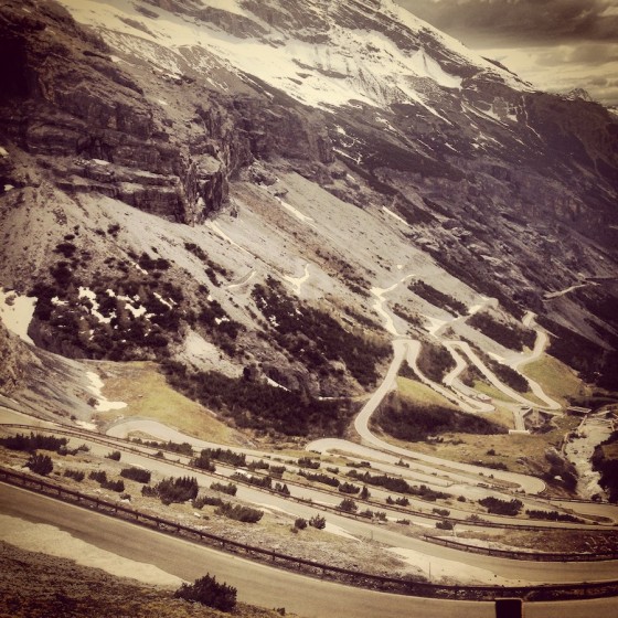 The road up Stelvio Pass, the highest paved roadway in the Eastern Alps, with 42 hairpin turns and 14 percent grade in some parts, according to Heidi Widmer. "We did classic intensity up this road starting at 1900m," she said. (Courtesy photo)