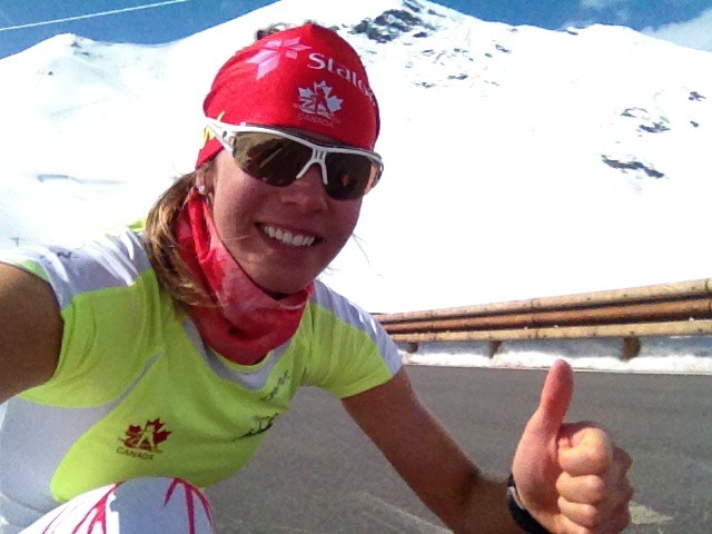 A happy Heidi Widmer on a bluebird day at Stelvio Pass in Switzerland. She spent five days at a Swiss national-team training camp near the Italian border  in early June. (Courtesy photo)