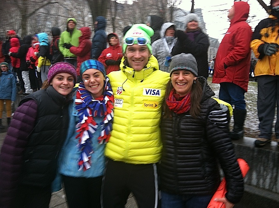 Bates head coach Becky Woods (r) with one of her former athletes, Sylvan Ellefson, who graduated in 2009, and her daughters Kaelyn and Emma at the World Cup sprints last December in Quebec City. (Courtesy photo)
