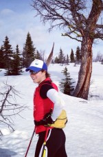 A feather in her cap: Megan Imrie on a long ski at Sunshine this spring. Courtesy photo.