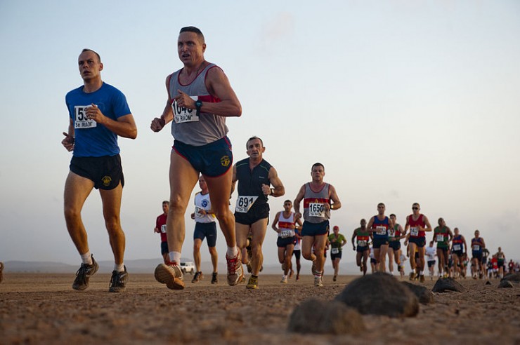 A row of rocks define the course at the 29th annual Grand Bara 15K race in the Grand Bara Desert, Djibouti. More than 250 members from the Combined Joint Task Force - Horn of Africa and Camp Lemonnier competed in the race. (Photo: Wiki Commons)