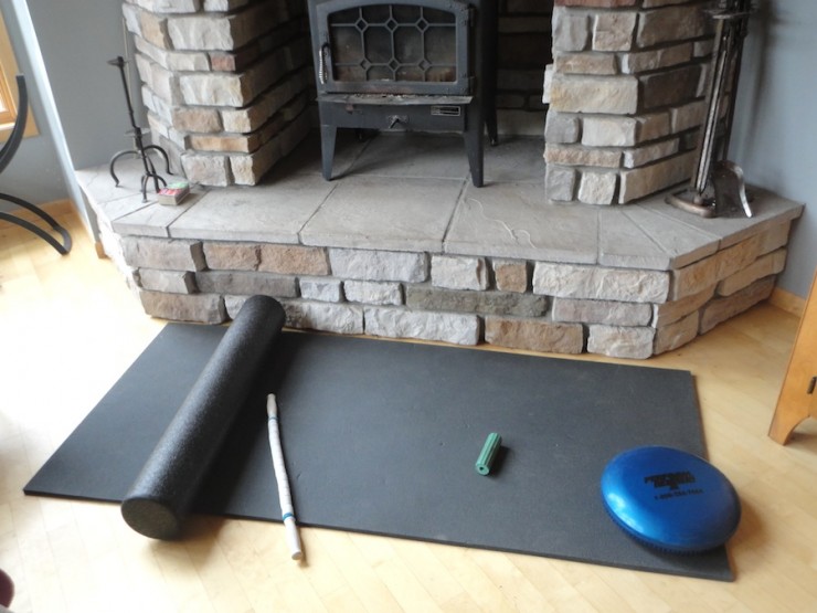 Tools for success: a mat, foam roller (l), dowel, small ribbed roller (great for the bottom of the foot and helping prevent plantar fasciitis issues) and balance pillow (r). (Photo: Bill Pierce)