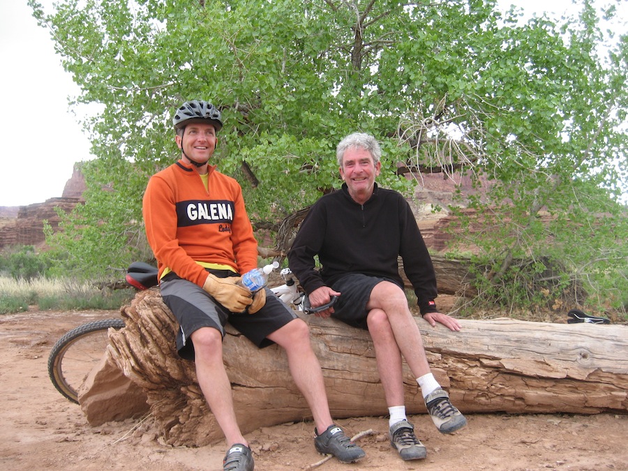 Pat Miller (r) and Kevin Sweeney, the former and current directors of skiing at the University of Utah, rest during mountain-bike trip in Utah. (Photo: Kevin Sweeney)