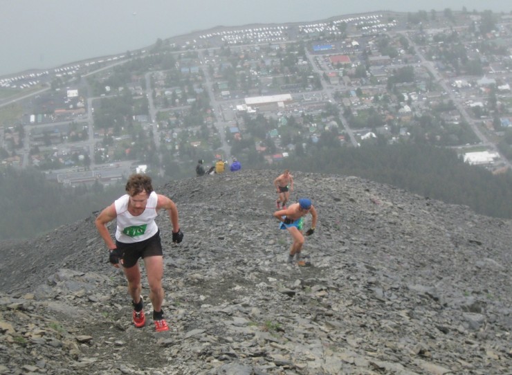 Rickey Gates leads the men's race up Mount Marathon on July 4 high above Seward, Alaska, while Wylie Mangelsdorf (r) and Eric Strabel keep him in sight. (Photo: Dave Blanchet)