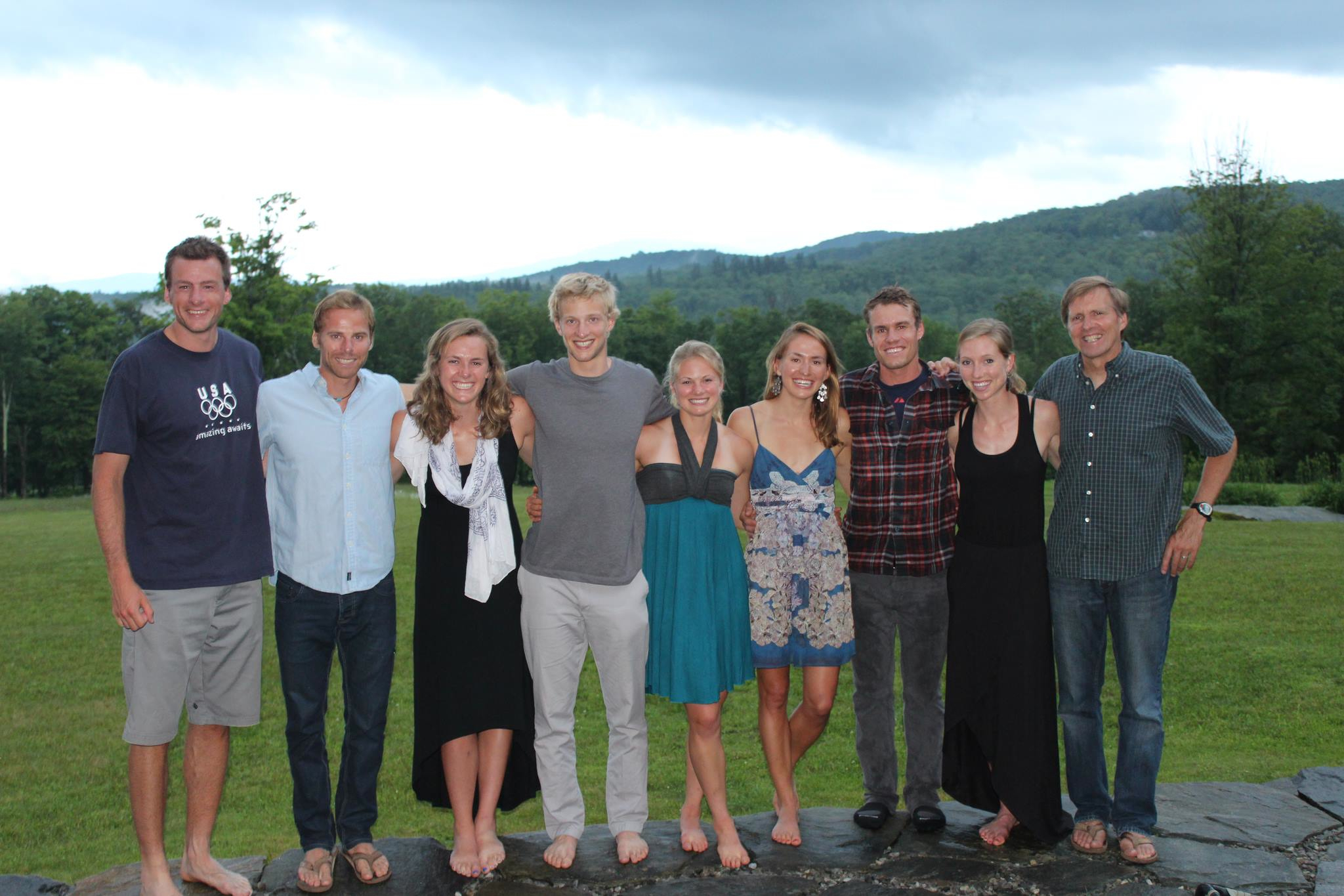 The 2013/2014 Stratton Mountain School T2 Team (from left to right): Head coach Gus Kaeding, Andy Newell, Annie Pokorny, Eric Packer, Jessie Diggins, Sophie Caldwell, Simi Hamilton, Erika Flowers, and nordic program director Sverre Caldwell. (Photo: Annie Hart)