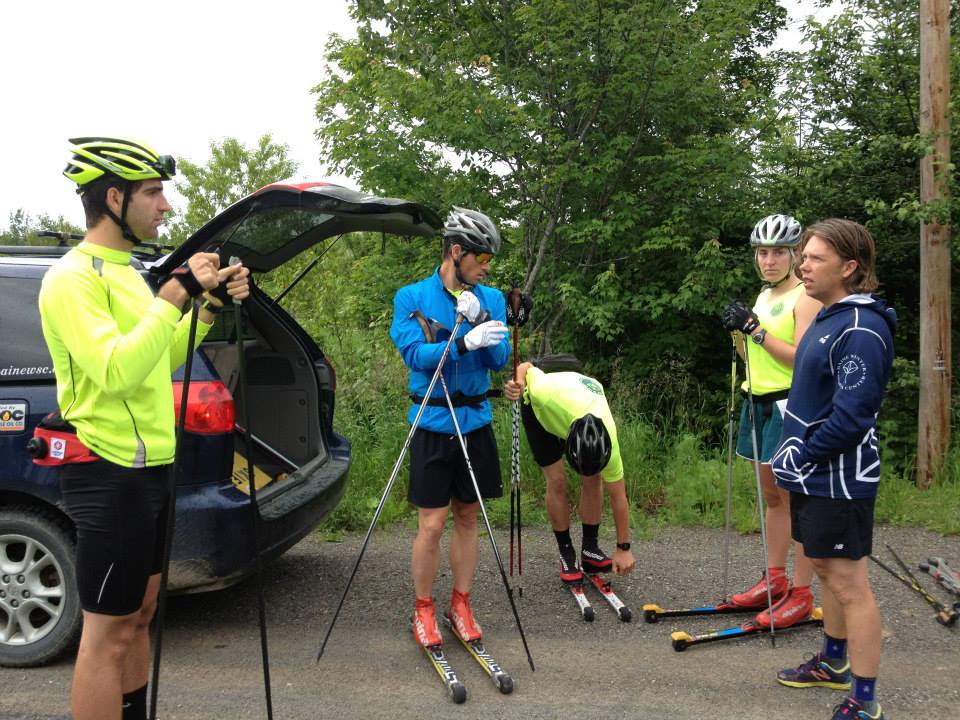The Maine Winter Sports Center Cross-Country Olympic Development Team (ODT) gets ready for a rollerski in northeastern Maine, with Kris Freeman (in blue), Welly Ramsey, Hilary McNamee and competitive programs director Will Sweetser (r). (Photo: https://www.facebook.com/maine.Winter.Sports.Center)