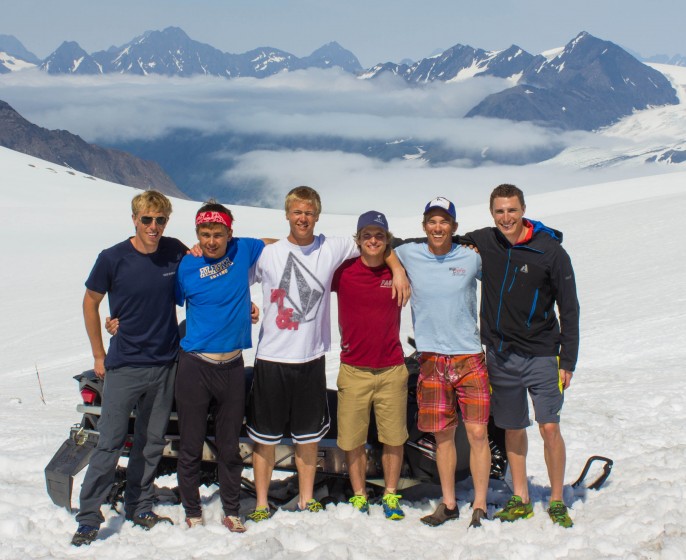 The new APU men's elite team on the glacier in late June. From left to right: Peter Kling, Lex Treinen, Erik Bjornsen, David Norris, Reese Hanneman, and Tyler Kornfield. (Photo: Reese Hanneman/engineroommedia.net)