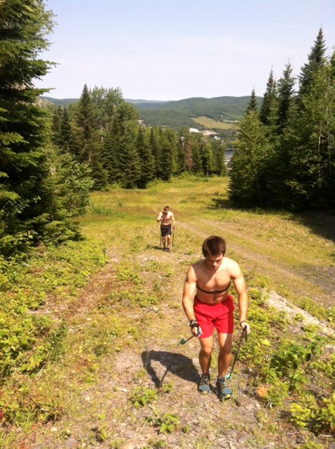 MWSC teammates, biathlete Raleigh Goessling leading Welly Ramsey, a cross-country skier, during bounding intervals in northeastern Maine. (Photo: Seth Hubbard)