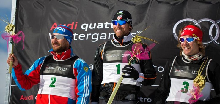 The Winter Games NZ men's 1.6 k sprint podium, with winner Andy Newell (c), runner-up Alexey Petukhov (l), and Devon Kershaw in third. (Photo: Snow Farm/https://www.facebook.com/SnowFarm) 