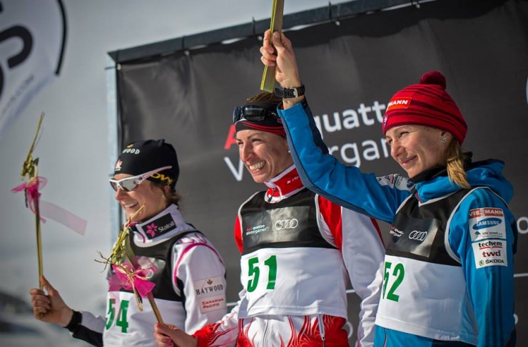 The Winter Games NZ women's 1.6 k skate sprint podium, with winner Justyna Kowalczyk (c), runner-up Dasha Gaiazova (l), and Anastazia Kuzmina in third. (Photo: Snow Farm/https://www.facebook.com/SnowFarm)