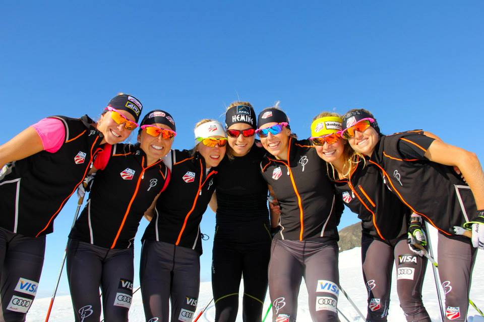 U.S. Women's Ski Team members (L-R) Sadie Bjornsen, Holly Brooks, Ida Sargent, Kikkan Randall, Jessie Diggins and Liz Stephen with NAWTA camp guest Astrid Jacobsen of Norway. 