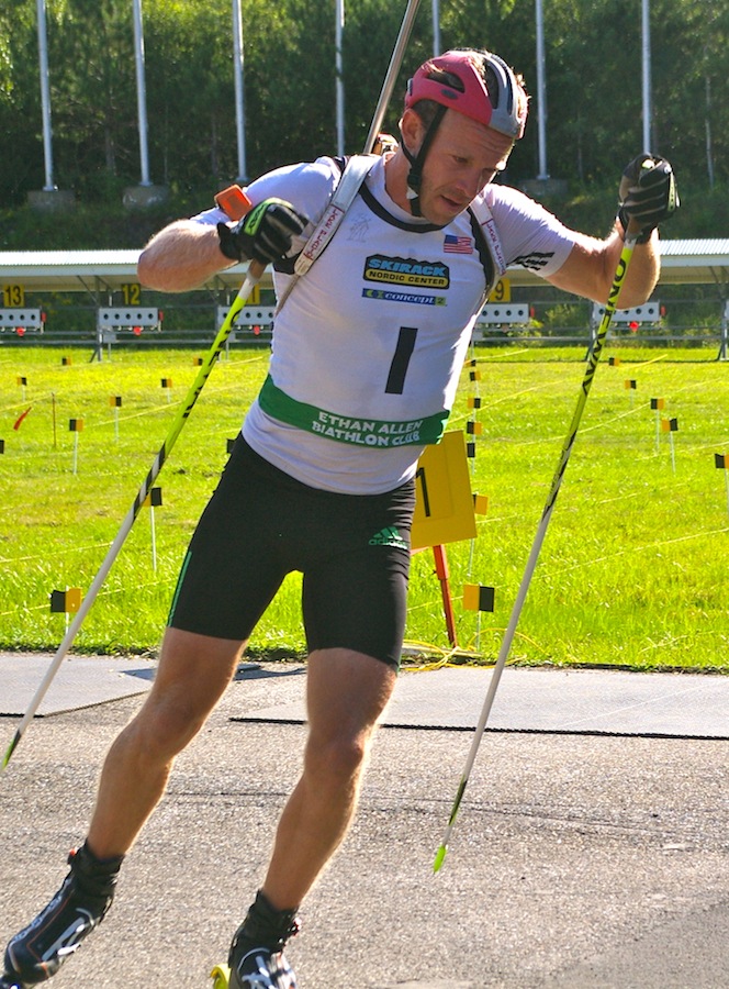 Lowell Bailey (USBA A-team) exits the range after missing one target on his first standing. He finished with three penalties and won Sunday's 12.5 k pursuit at North American Biathlon Rollerski Championships in Jericho, Vt.