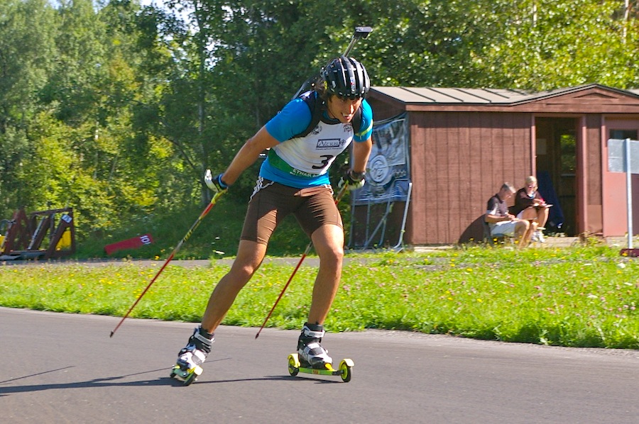 Brendan Green (Biathlon Canada) pushes toward the finish to place second in Sunday's 12.5 k pursuit at the North American Biathlon Rollerski Championships in Jericho, Vt.