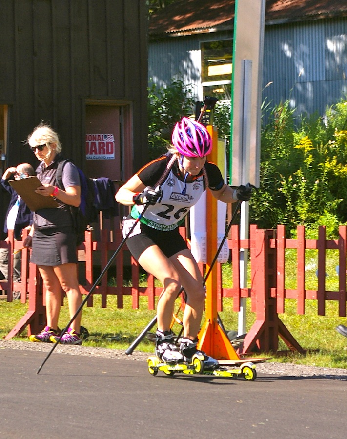 Hannah Dreissigacker (Craftsbury Green Racing Project/USBA A-team) heads out with a 30-second lead in Sunday's pursuit after winning the sprint on Saturday at North American Biathlon Rollerski Championships in Jericho, Vt. She went on to place second to Canadian Rosanna Crawford.