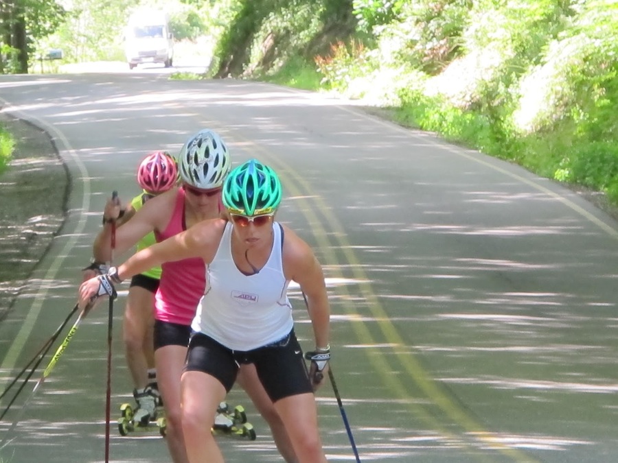 Rosie Brennan (front) during intervals with the Stratton Mountain School T2 Team earlier this year. SMS athletes Annie Pokorny and Erika Flowers follow. (Photo: Sverre Caldwell)