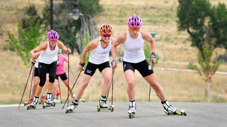 Kikkan Randall (APU/USST) leads Holly Brooks (APU/USST) and Sadie Bjornsen (APU/USST) up a hill during rollerski intervals near Park City, Utah. (Photo: Tom Kelly/USSA)