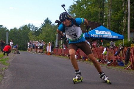 Brendan Green on course at North American Rollerski Biathlon Championships this summer.
