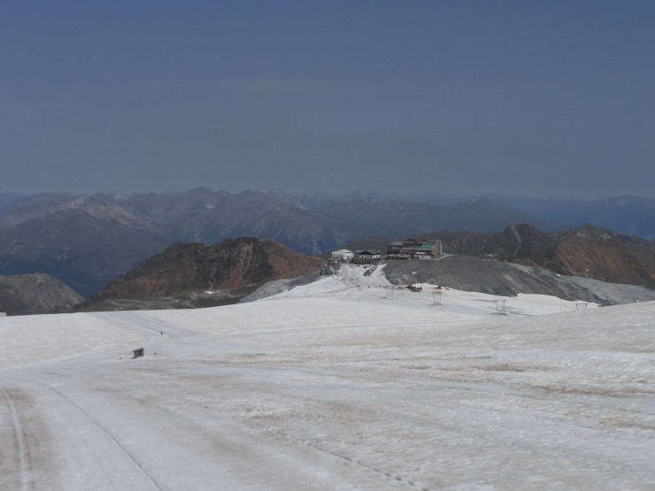 Looking from the ski trails of Passo dello Stelvio down to Livrio, the top of the second cable car line.