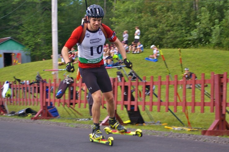 Nathan Smith (Biathlon Canada) racing to seventh in the 12.5 k pursuit in early August at 2013 North American Biathlon Rollerski Championships in Jericho, Vt. Four months later, he's punched his ticket to Sochi.