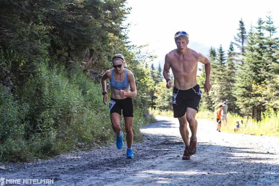 Olympian Liz Stephen challenges Patrick O’Brien of the Craftsbury Green Team during the 6th Annual Race To The Top of Vermont on Aug. 25.