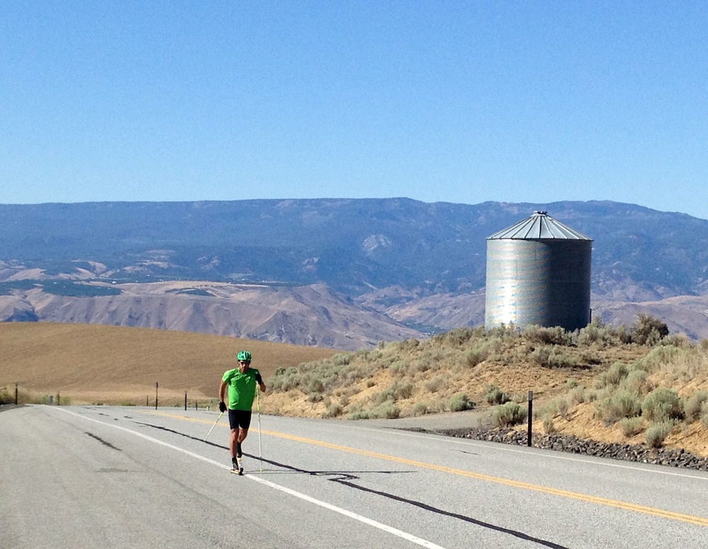 Koos rollerskis up Badger Mountain, from the Columbia River Valley to Waterville, Washington during a steady state threshold session. (Courtesy photo)
