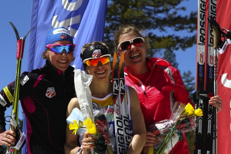 Rosie Brennan (r) on the podium with U.S. Ski Team veterans Liz Stephen (c) and Kikkan Randall, who placed first and second, respectively in the 30-kilometer classic at U.S. Distance Nationals in April in Soda Springs, Calif. 